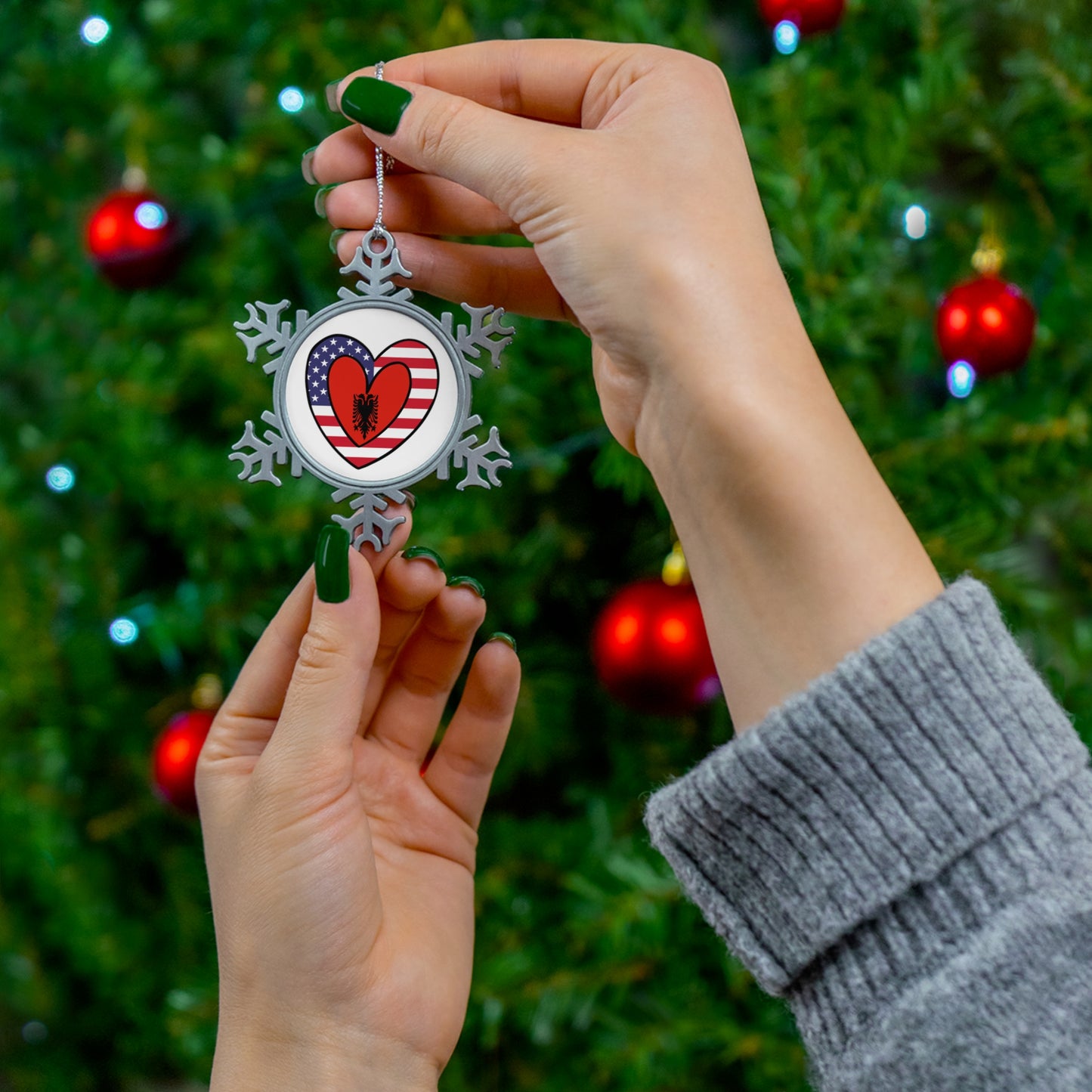 Albanian American Heart Valentines Day Gift Half Albania USA Flag Pewter Snowflake Ornament