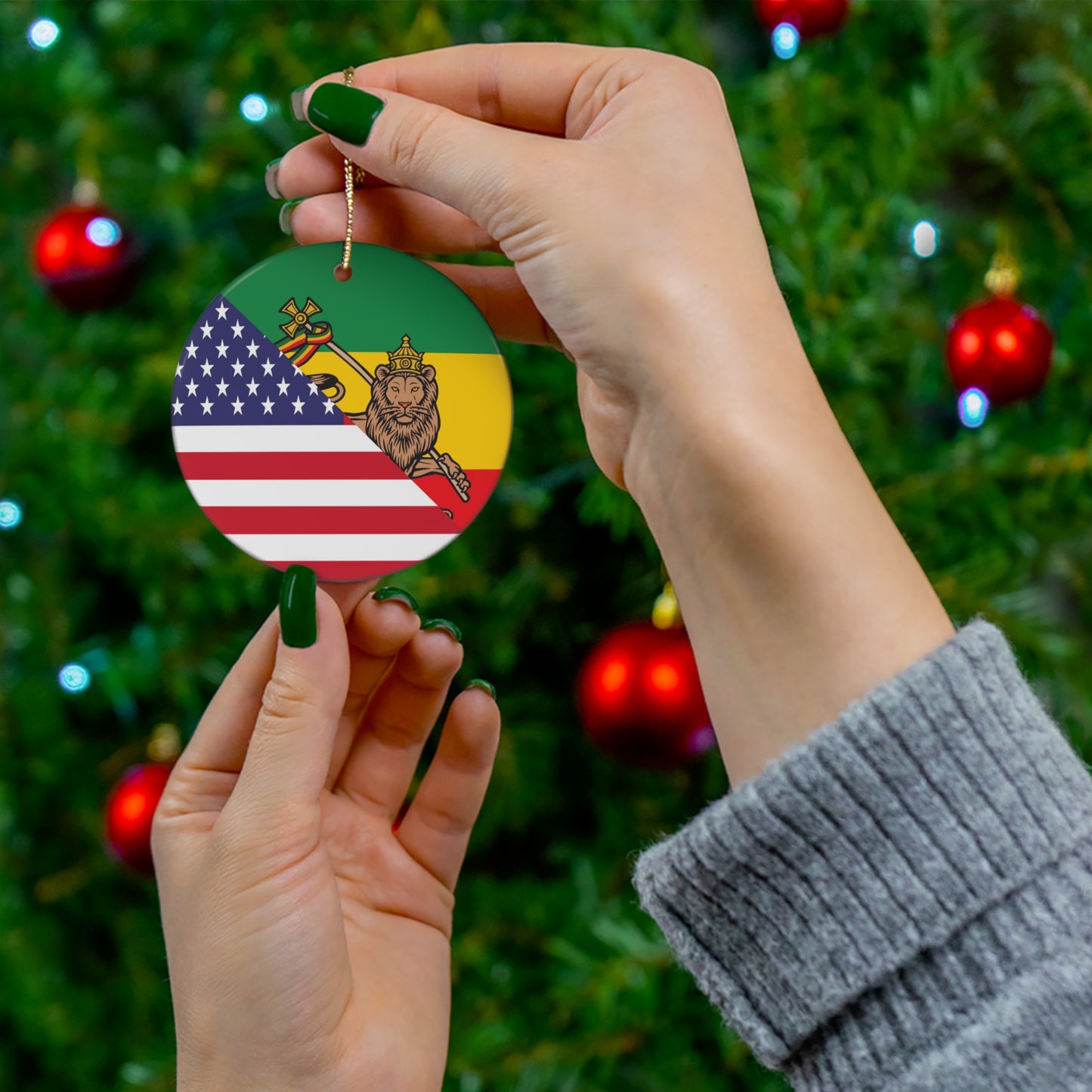 Ethiopian American Lion of Judah Flag Ceramic Ornament Half Ethiopia USA Christmas Tree Ornaments