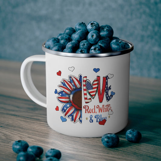 Red White And Blue Flower Hearts 12oz Enamel Mug