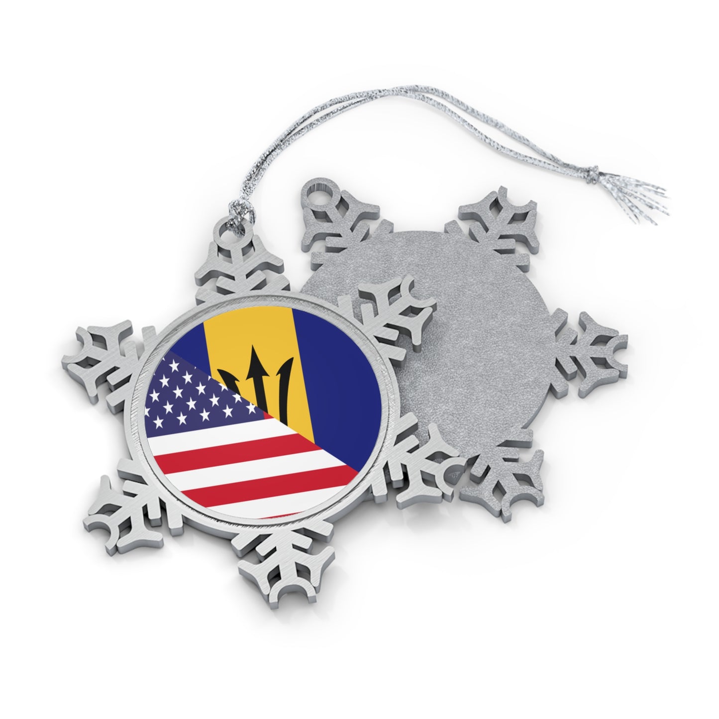 Barbados American Flag Bajan Barbadian USA Pewter Snowflake Ornament