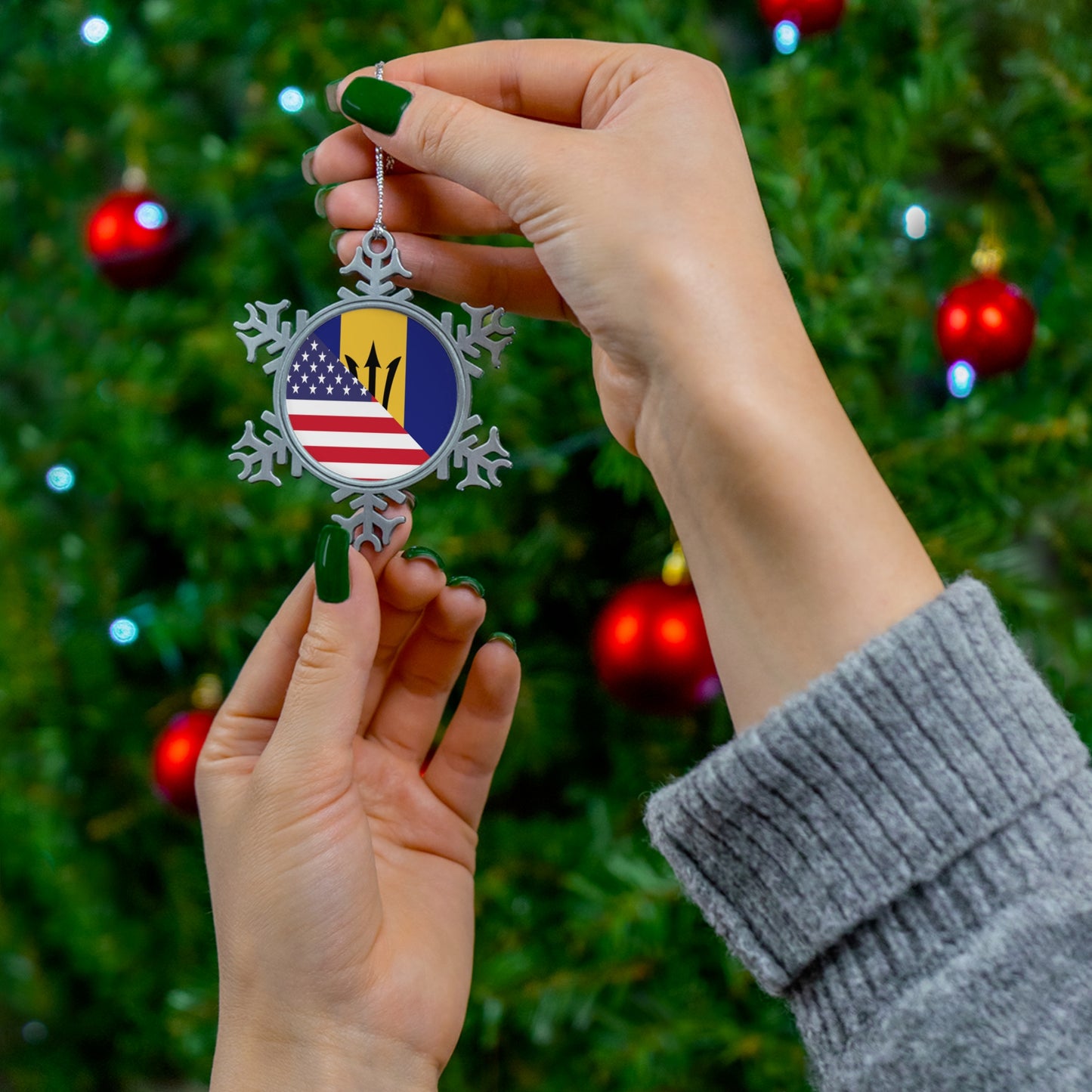 Barbados American Flag Bajan Barbadian USA Pewter Snowflake Ornament