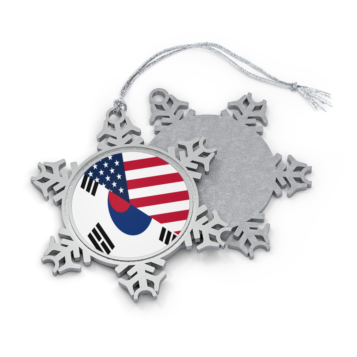 South Korean American Flag Half South Korea USA Pewter Snowflake Ornament