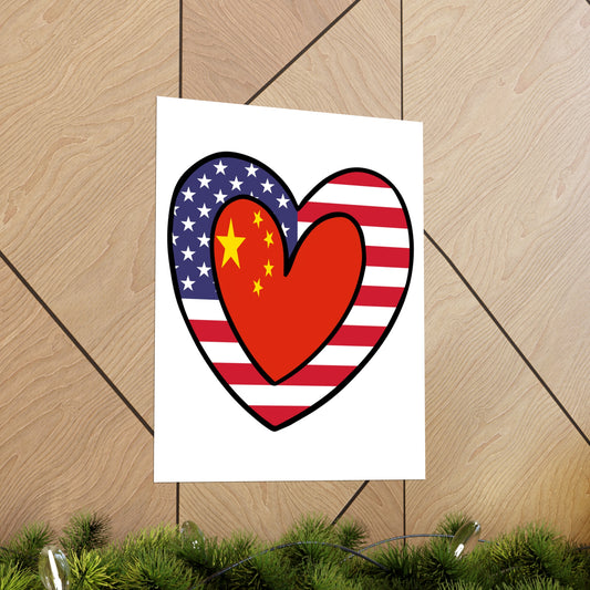 China American Heart Valentines Day Gift Half Chinese USA Flag Premium Matte Poster