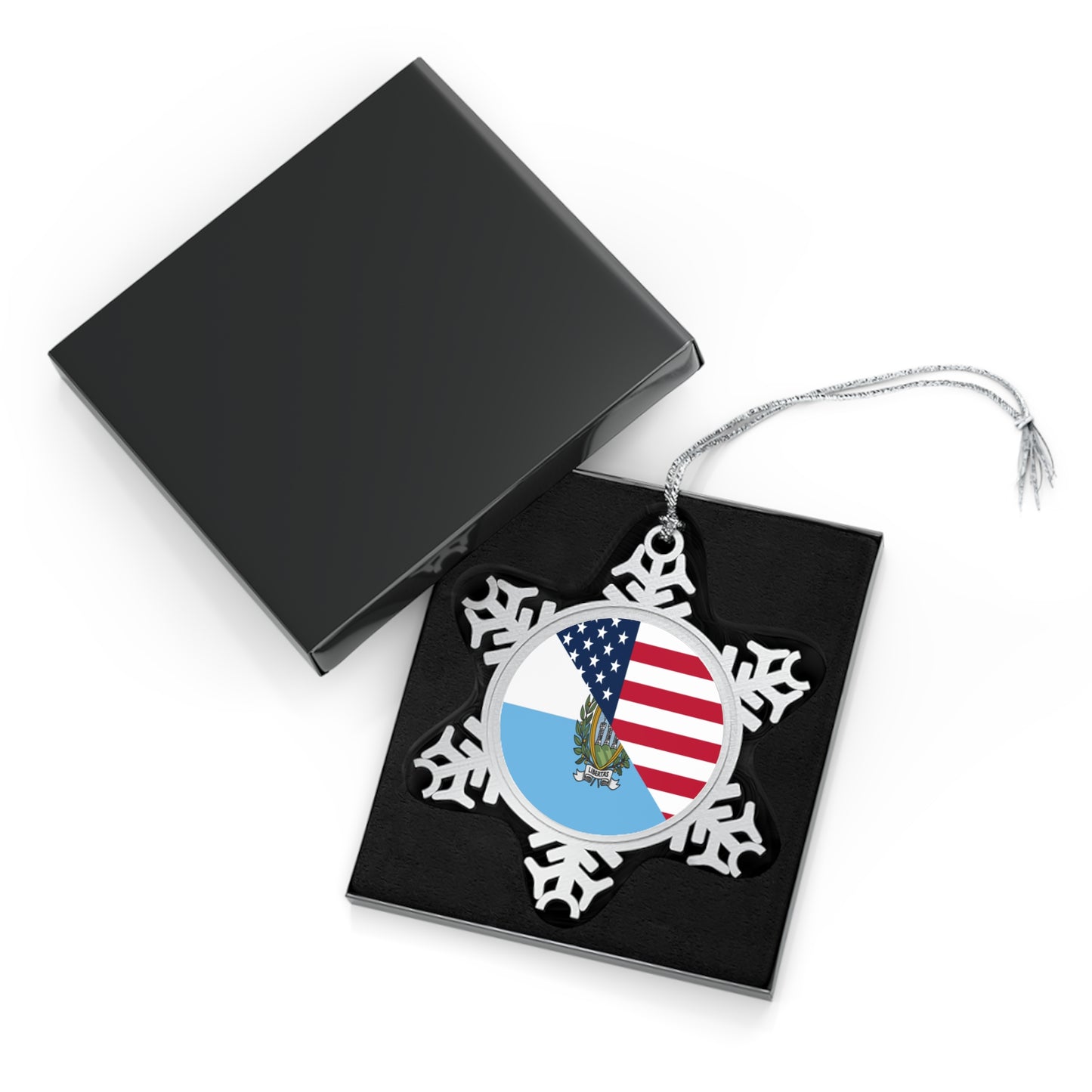 San Marino American Flag Half Sammarinese USA Pewter Snowflake Ornament