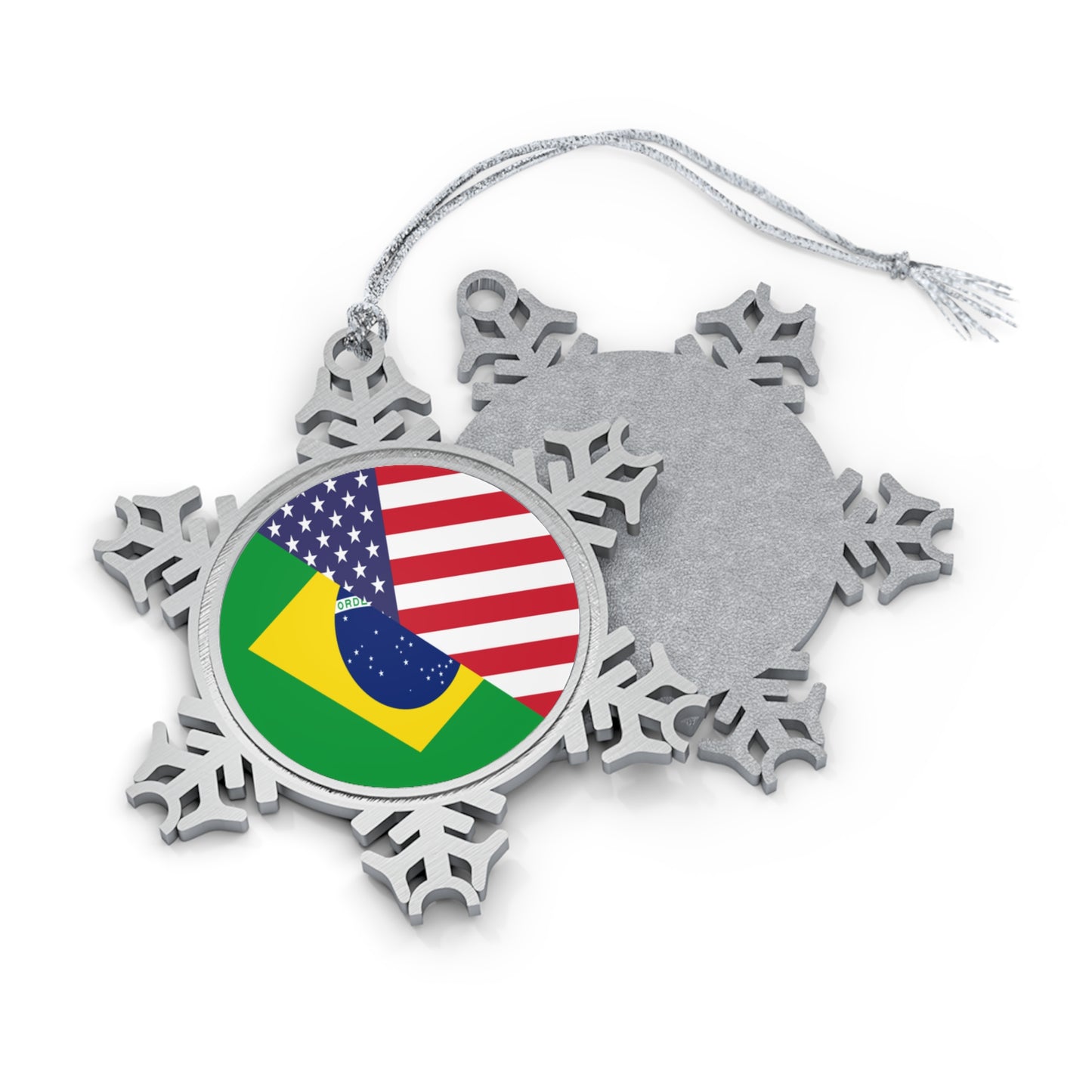 Brazilian American Flag Half Brazil USA Brasil Pewter Snowflake Ornament