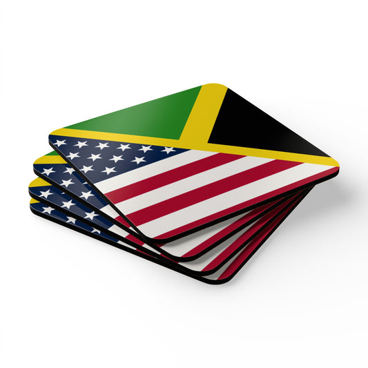 Jamaican American Flag Corkwood Coaster Set Jamaica USA