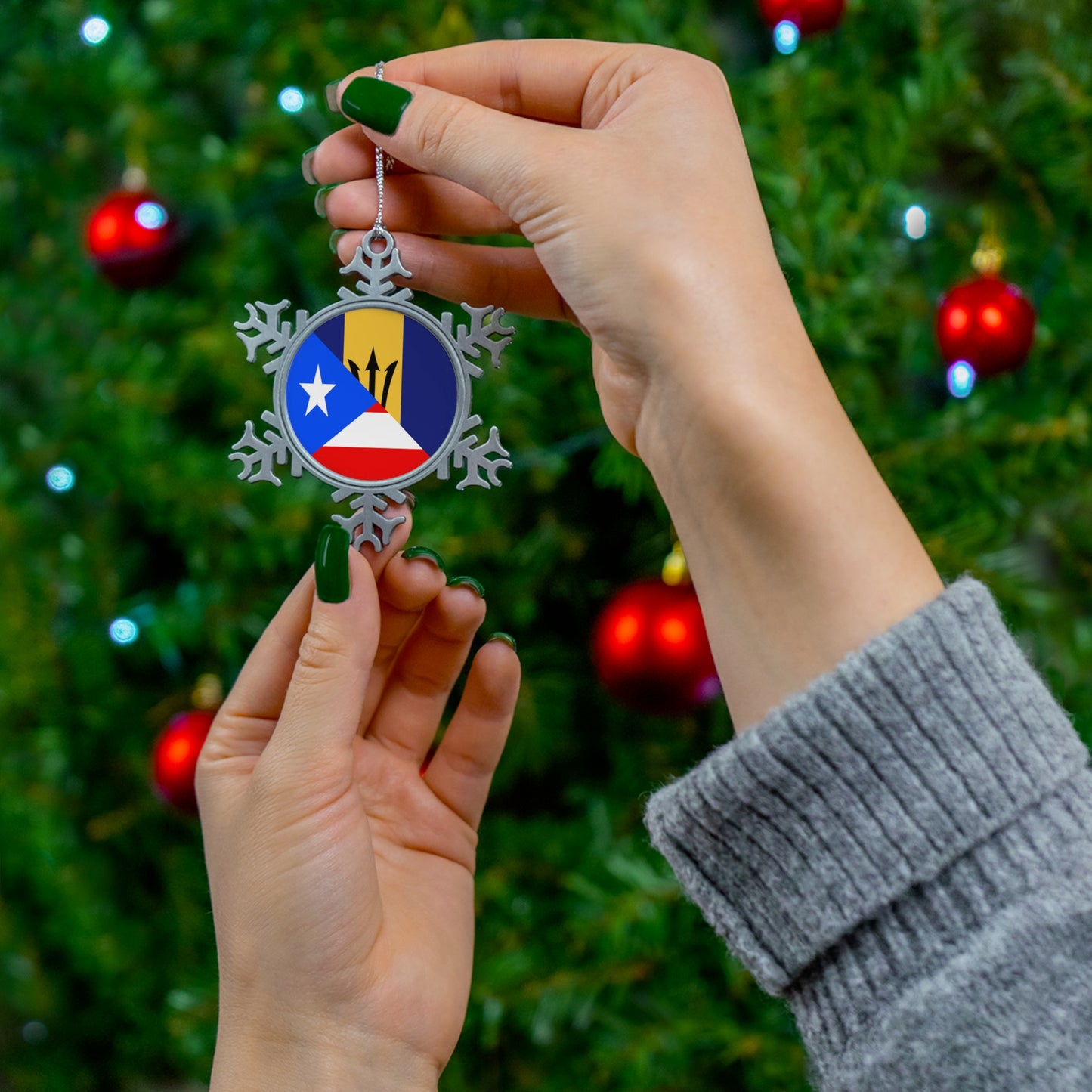 Bajan Puerto Rican Flag Puerto Rico Barbados Pewter Snowflake Ornament