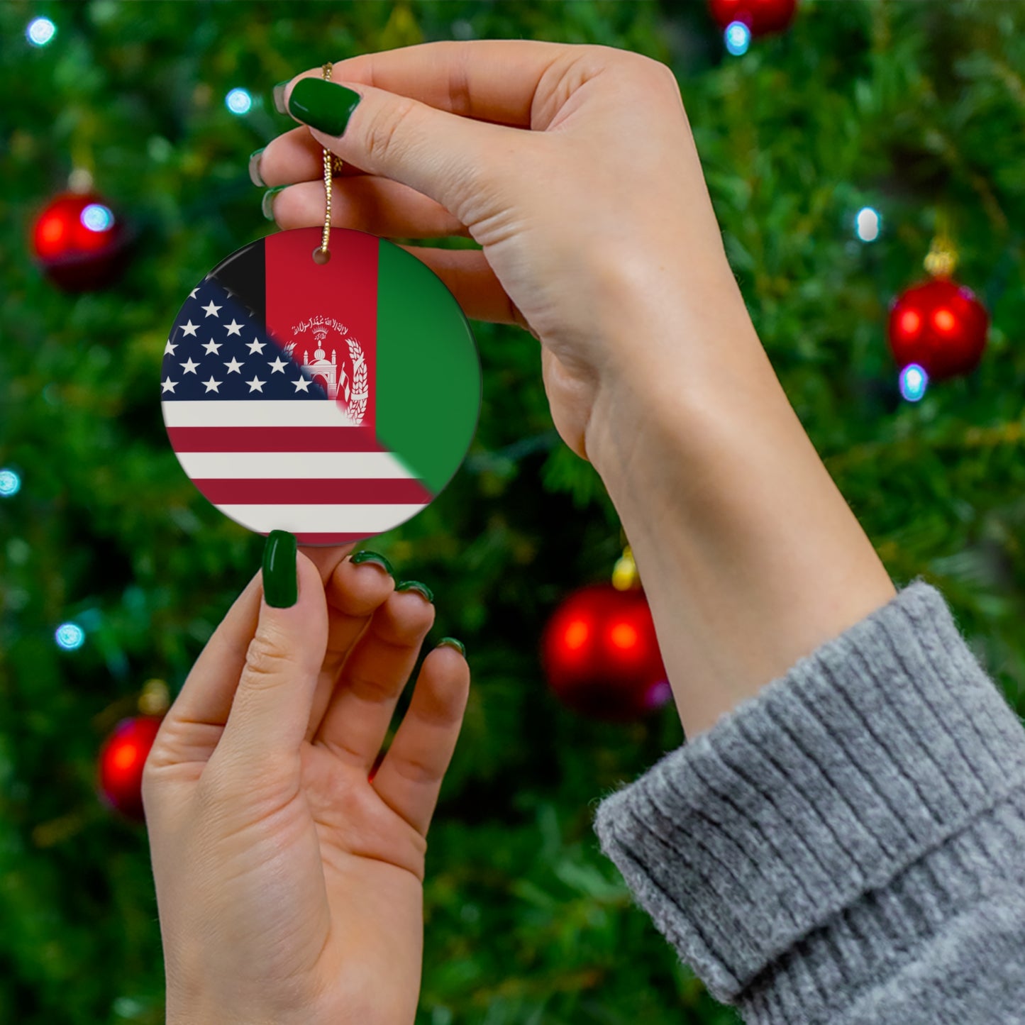 Afghanistan USA Flag | Half Afghan American Ceramic Ornament | Christmas Tree Ornaments