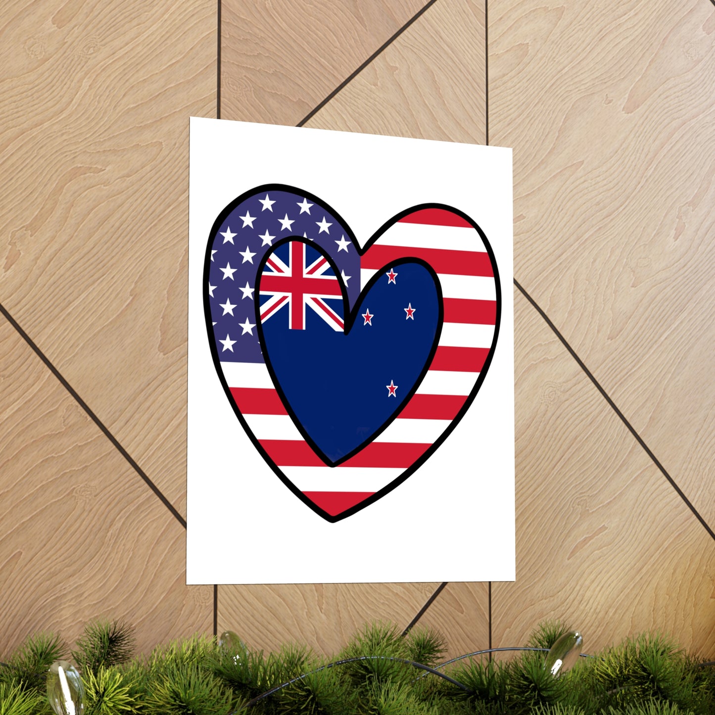 Kiwi American Heart Valentines Day Gift Half New Zealand USA Flag Premium Matte Poster