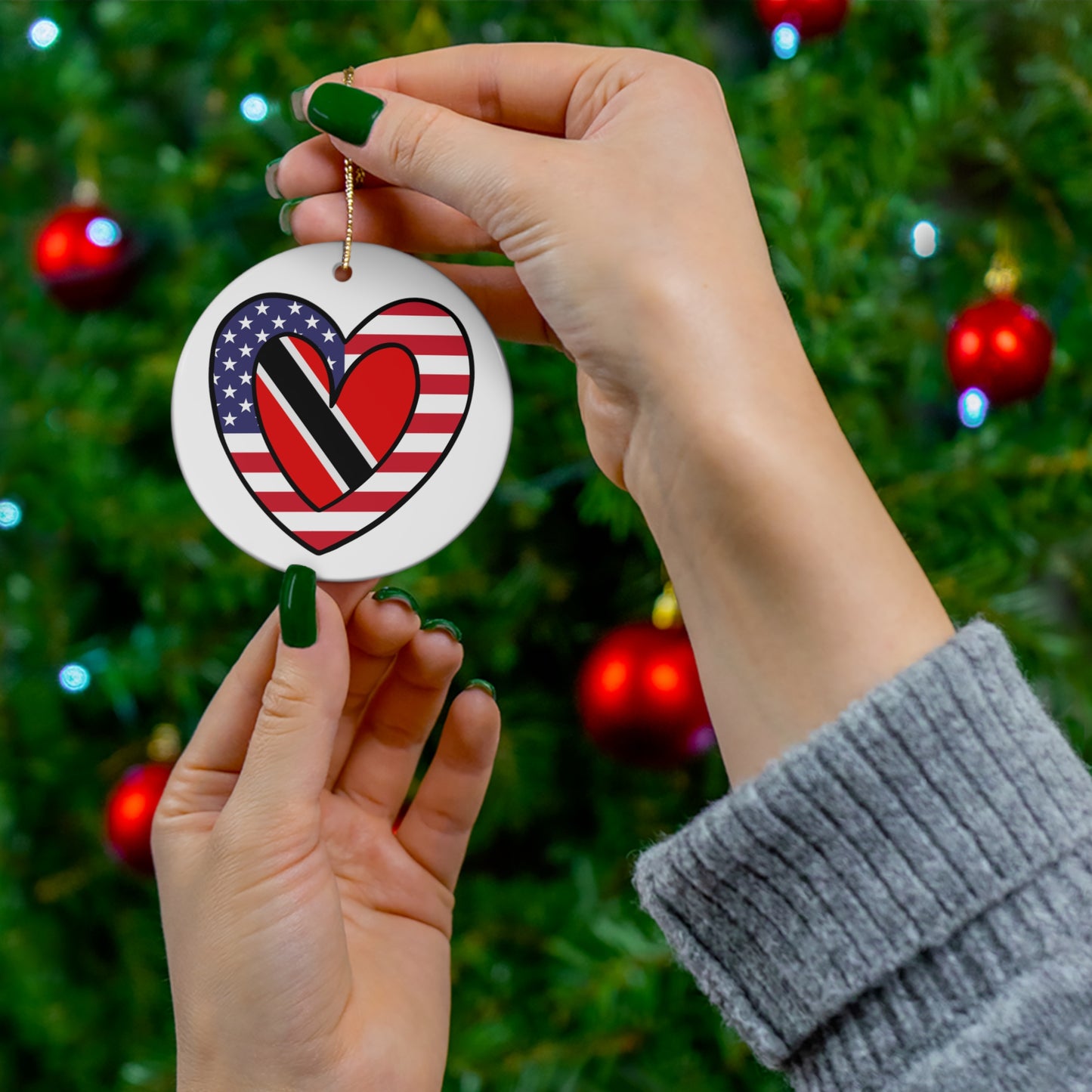 Trinidad Tobago American Heart Valentines Day Gift Half Trini USA Flag Ceramic Ornament | Christmas Tree Ornaments