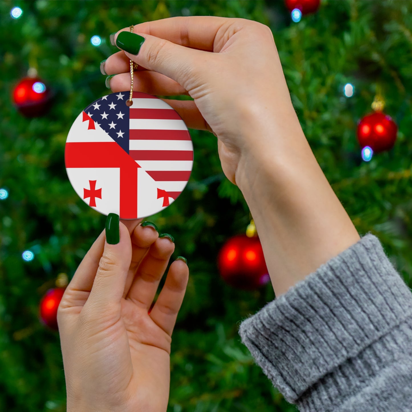 Georgian American Flag Georgia USA Ceramic Ornament | Christmas Tree Ornaments