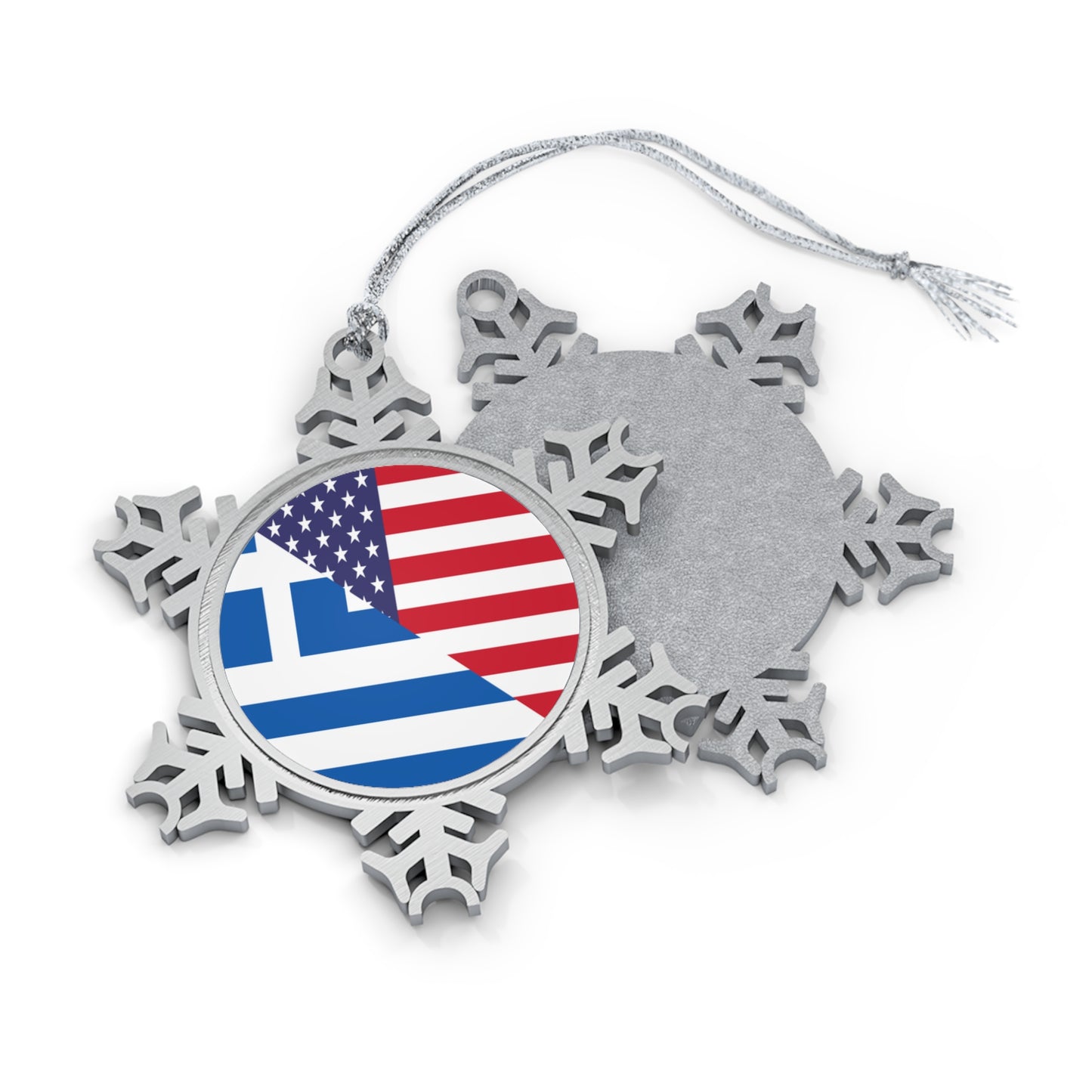 Greek American Flag Half Greece USA Pewter Snowflake Ornament