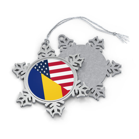 Romania American Flag Half Romanian USA Pewter Snowflake Ornament