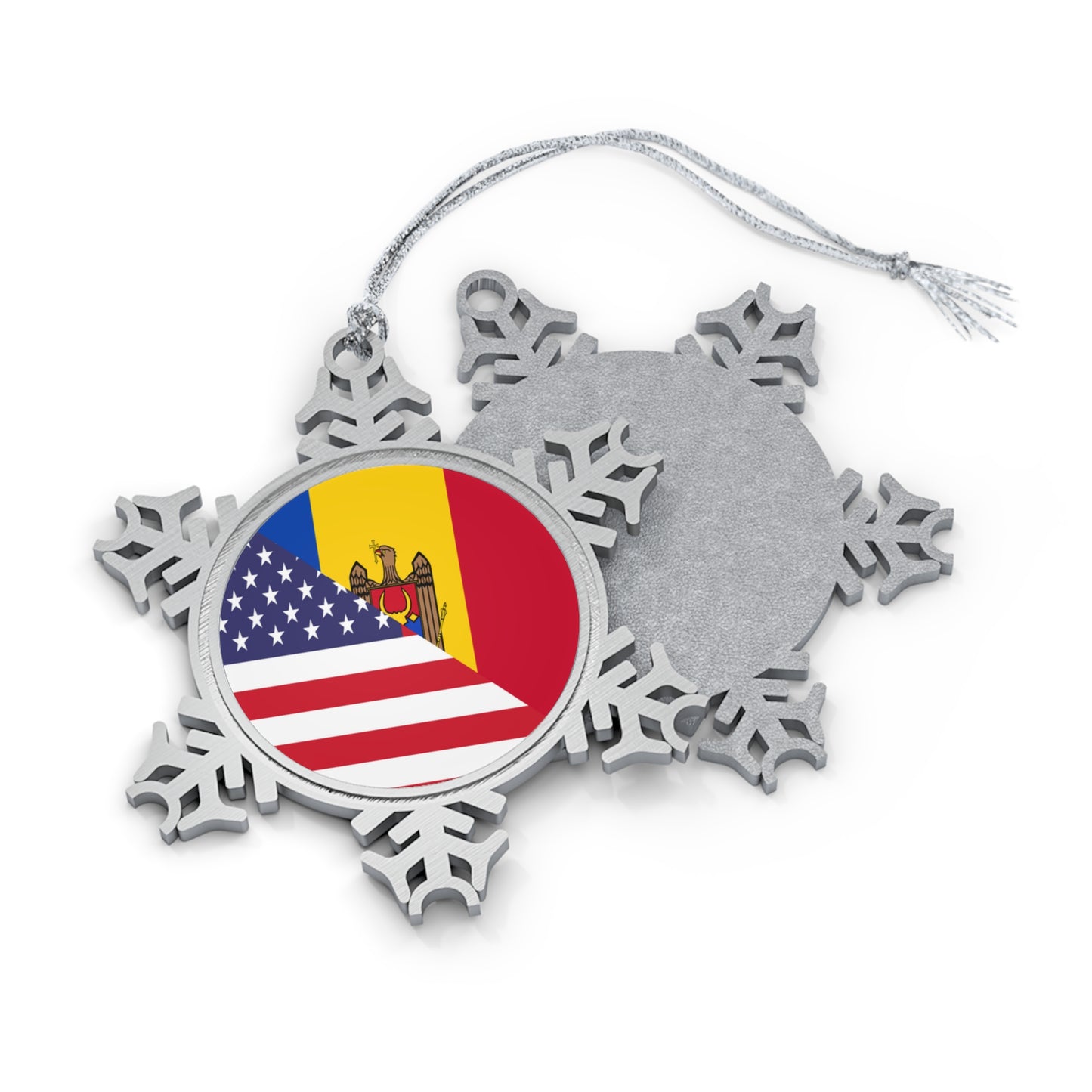 Moldova American Flag Half Moldovan USA Pewter Snowflake Ornament