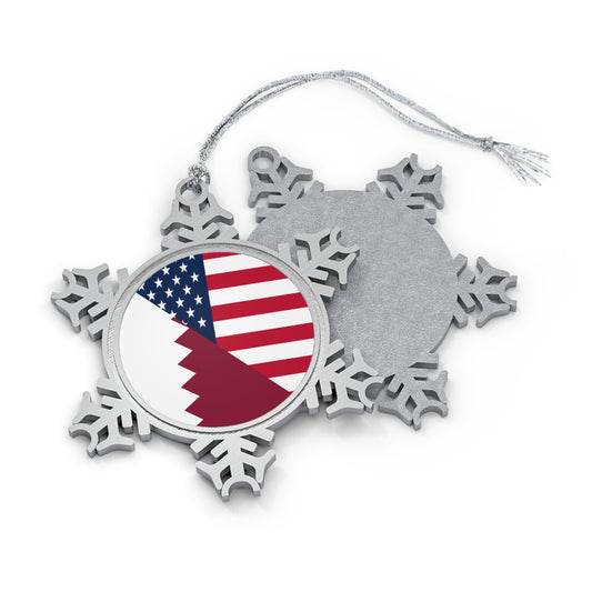 Qatar American Flag Half Qatari USA Pewter Snowflake Ornament