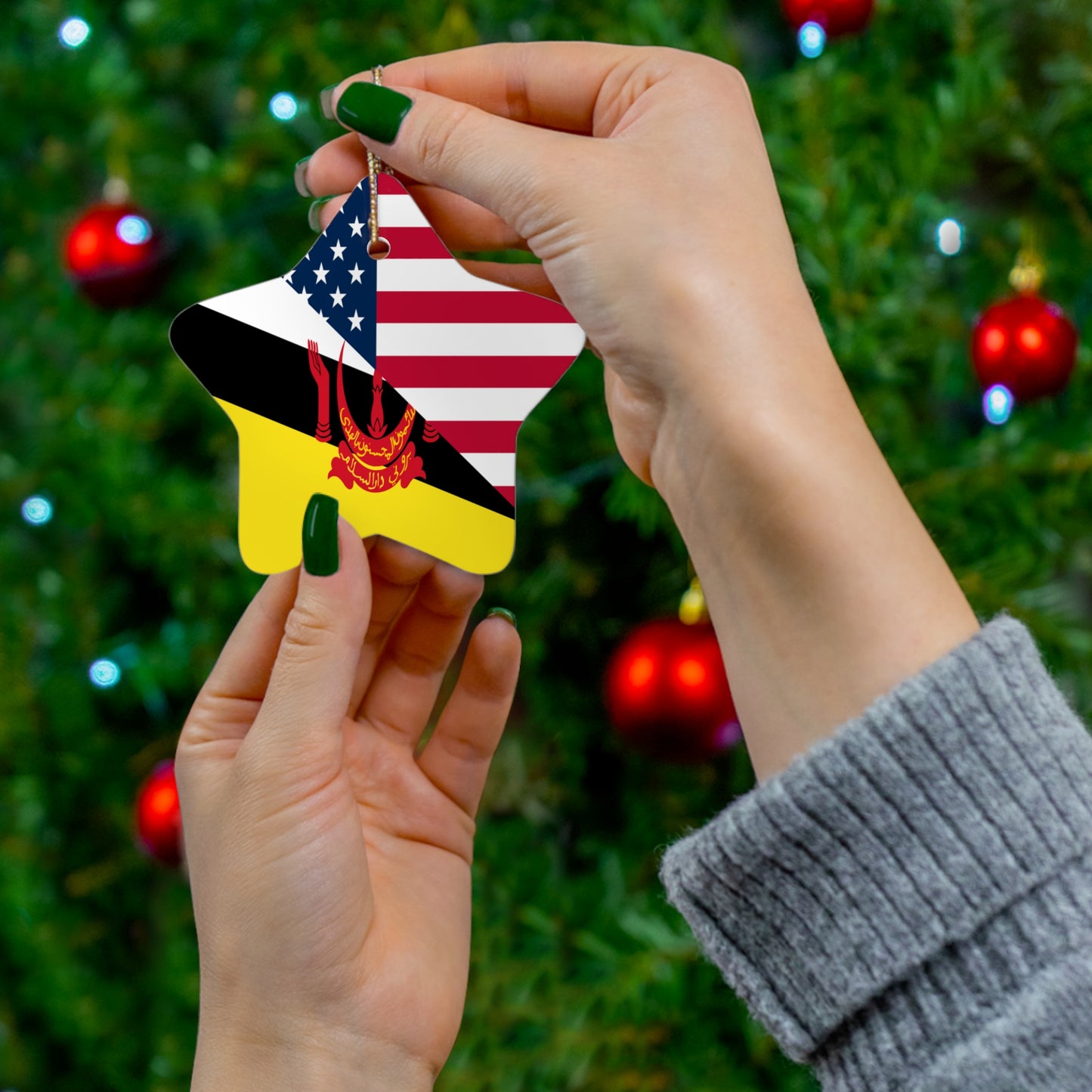 Brunei American Flag Half Bruneian USA Ceramic Ornament | Christmas Tree Ornaments