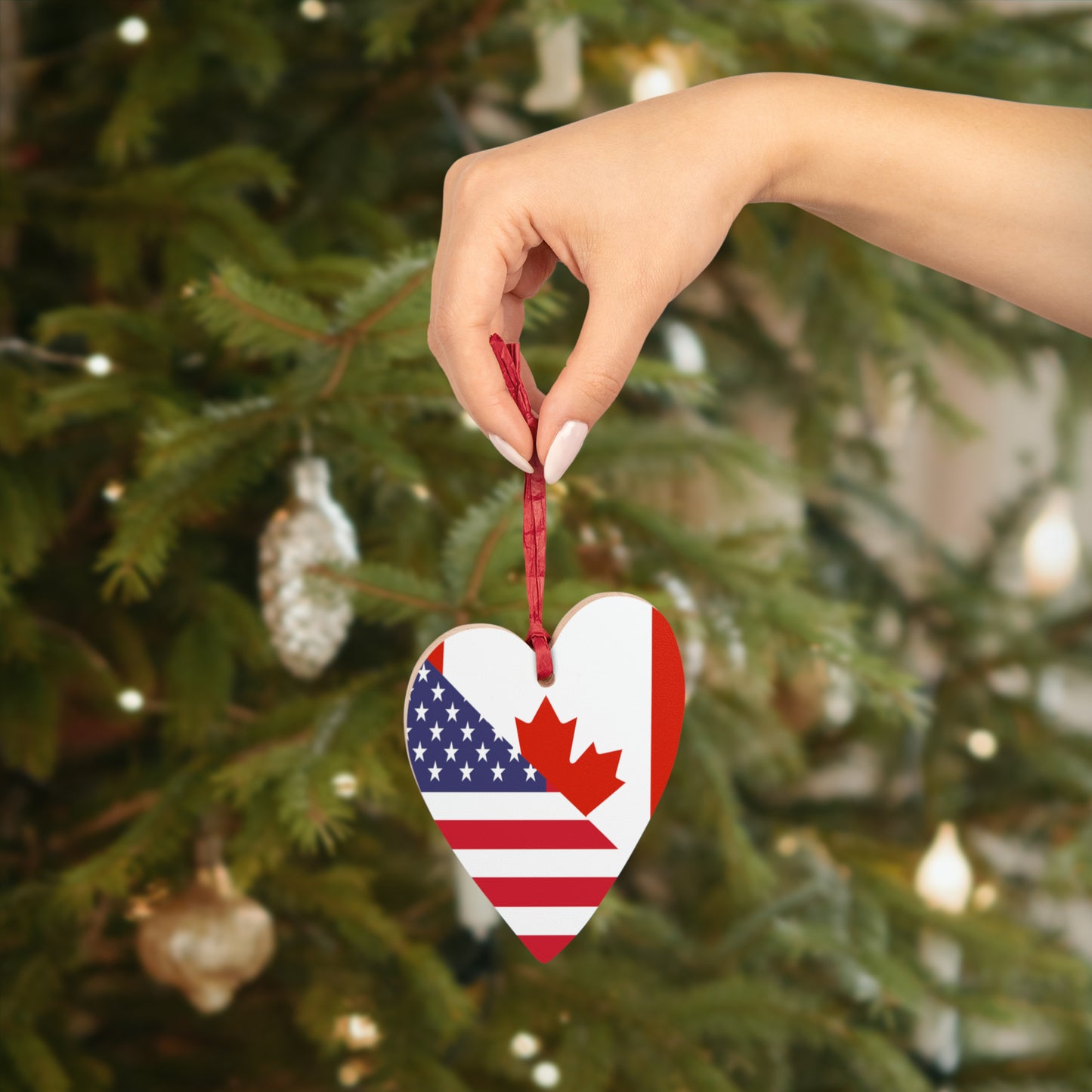 Canadian American Flag Canada USA Wooden Ornament