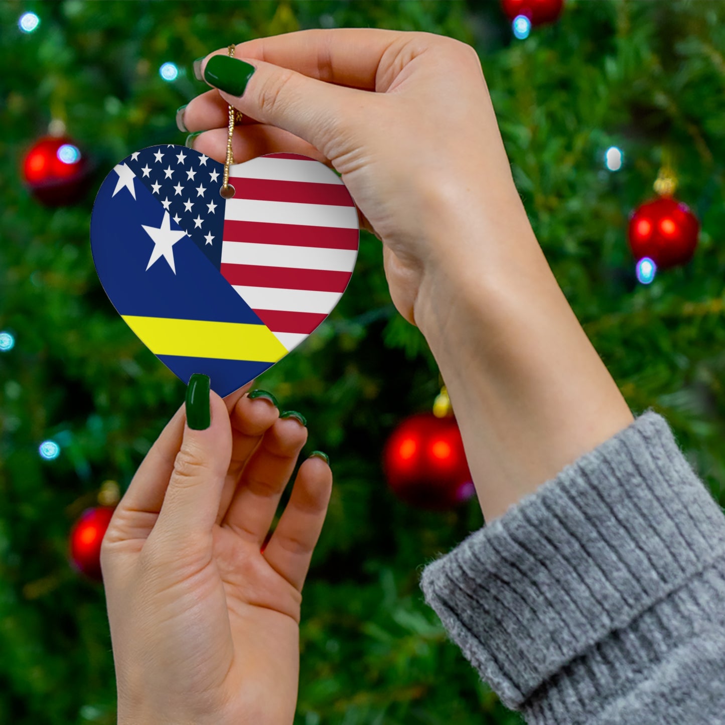 Curacao American Flag Half Curacaoan USA Ceramic Ornament | Christmas Tree Ornaments