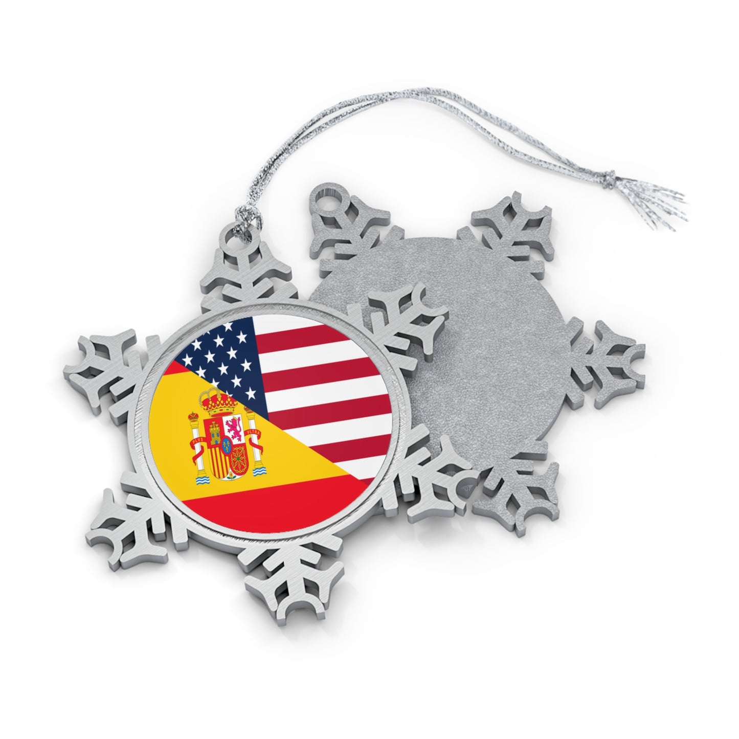 Spain American Flag Half Spanish USA Pewter Snowflake Ornament