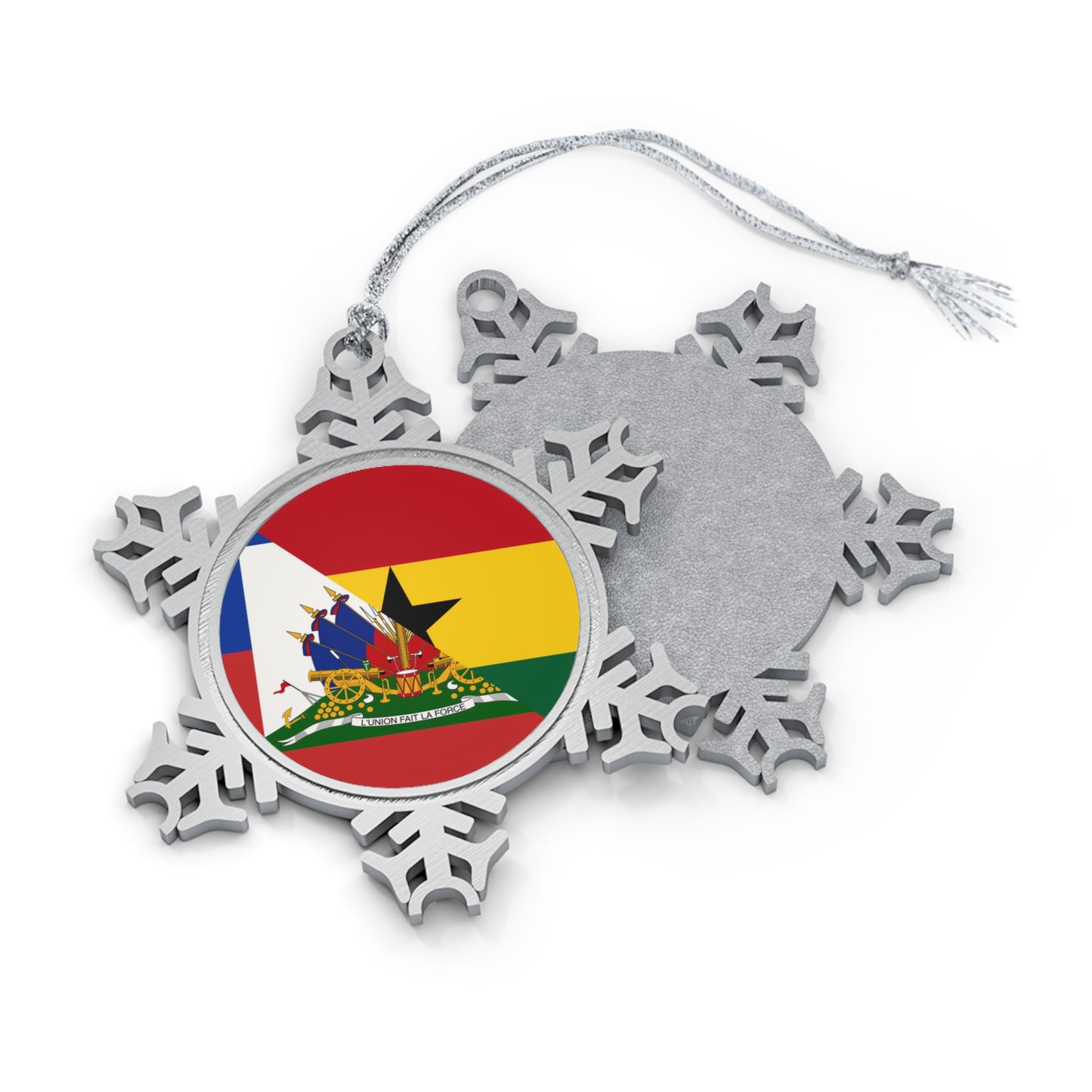 Haitian Ghanaian Flag | Half Haiti Ghana Pewter Snowflake Ornament