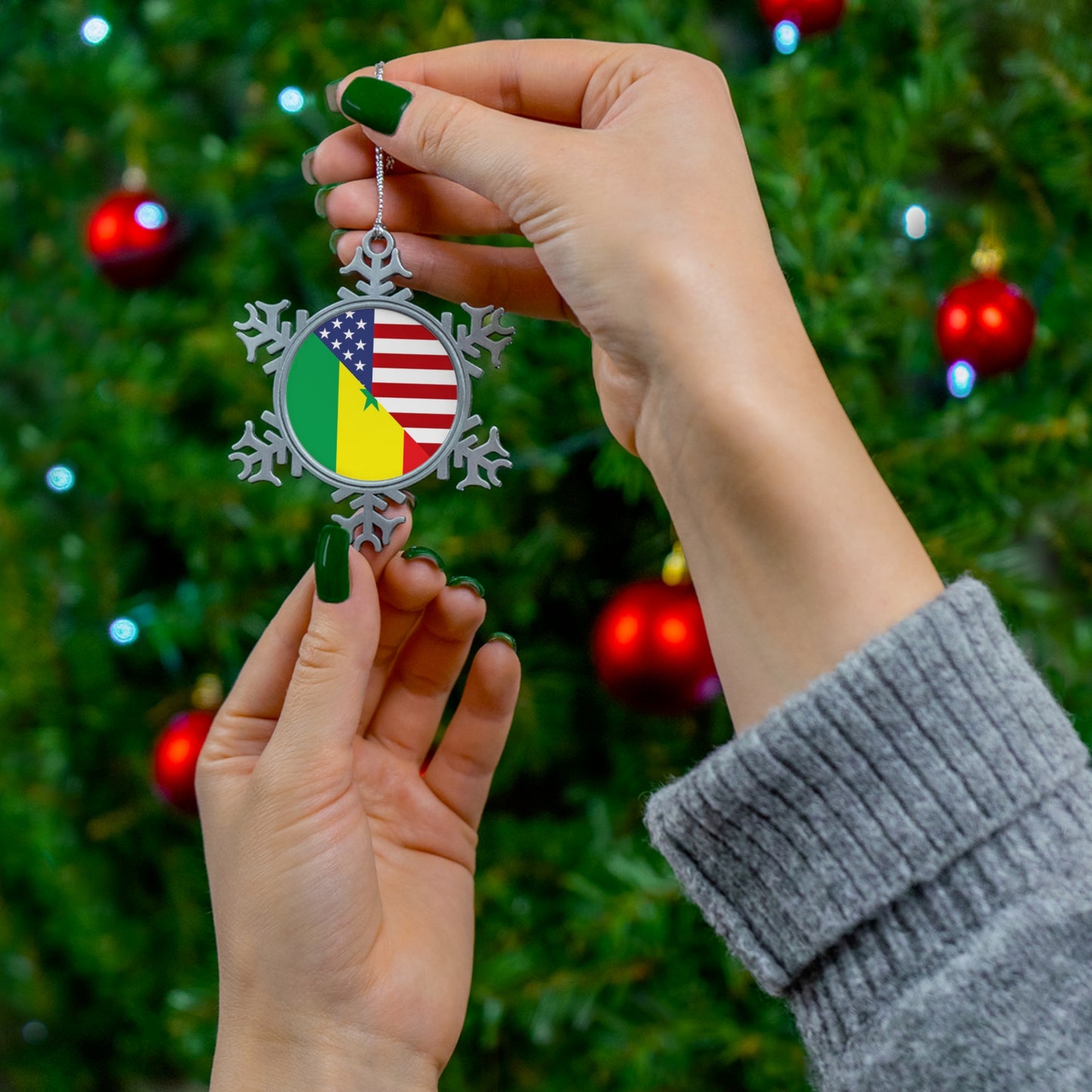 Senegalese American Flag Half Senegal USA Pewter Snowflake Ornament