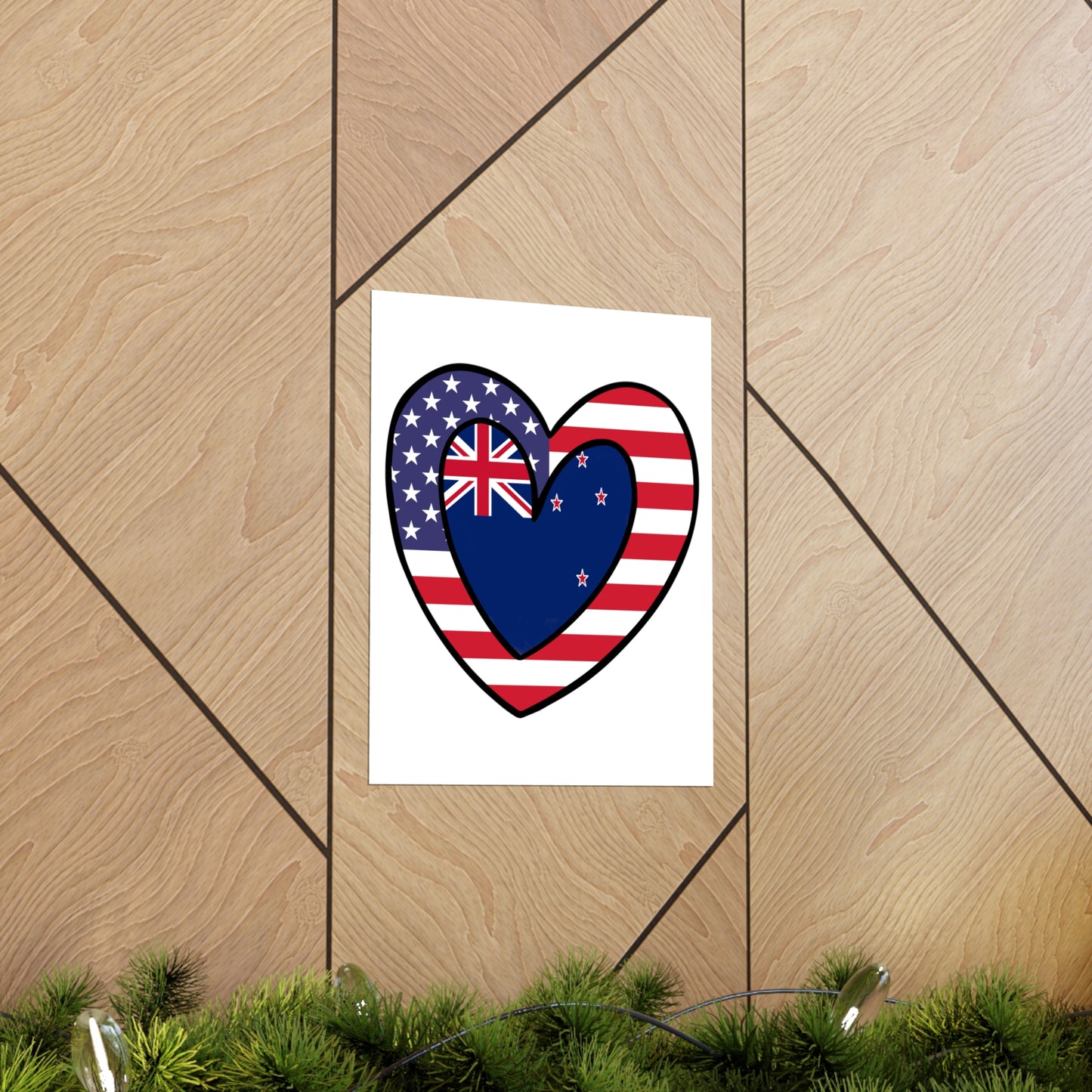 Kiwi American Heart Valentines Day Gift Half New Zealand USA Flag Premium Matte Poster