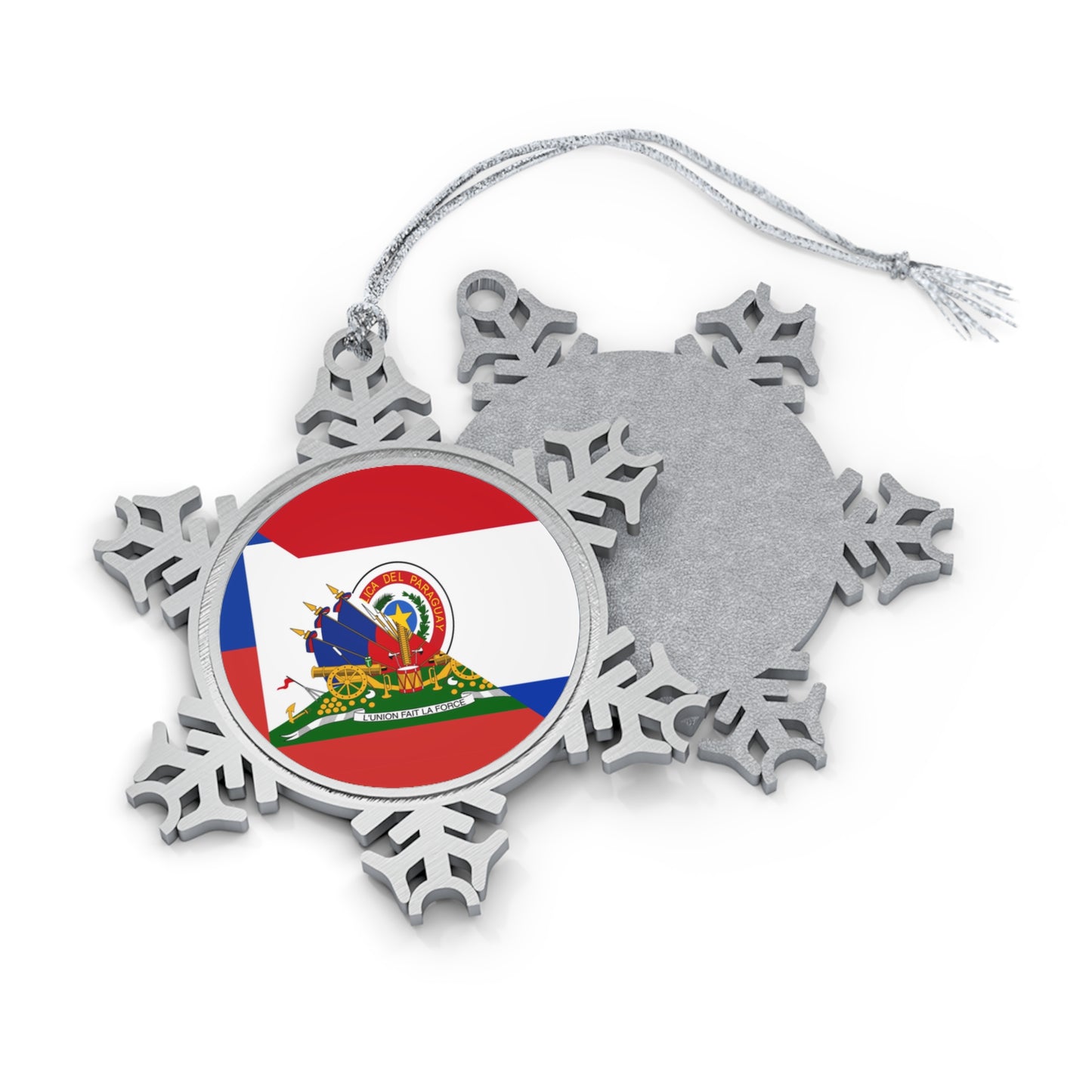 Haitian Paraguayan Flag | Haiti Paraguay Pewter Snowflake Ornament