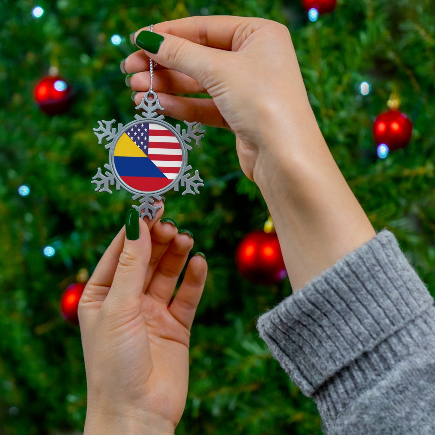 Colombian American Flag Colombia USA Pewter Snowflake Ornament