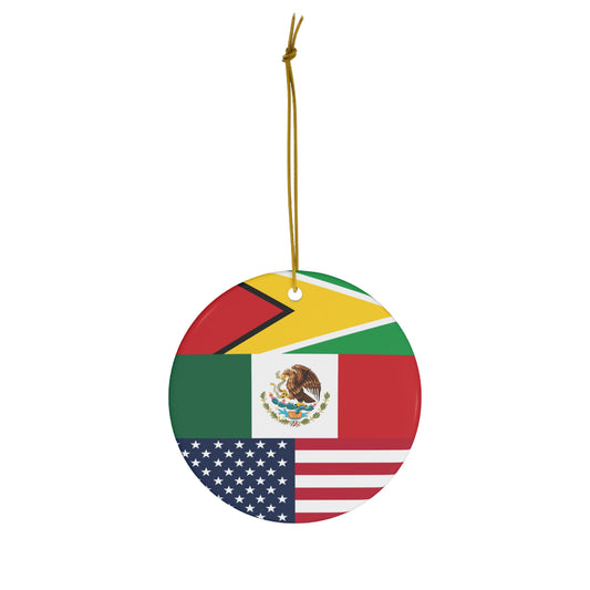 Guyanese Mexican American Flag Ceramic Ornament | Guyana Mexico USA Christmas Tree Ornaments