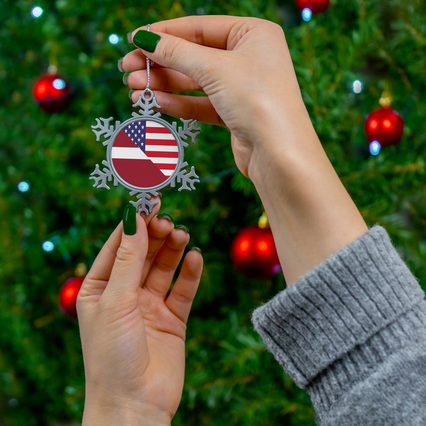 Latvian American Flag Latvia USA Pewter Snowflake Ornament