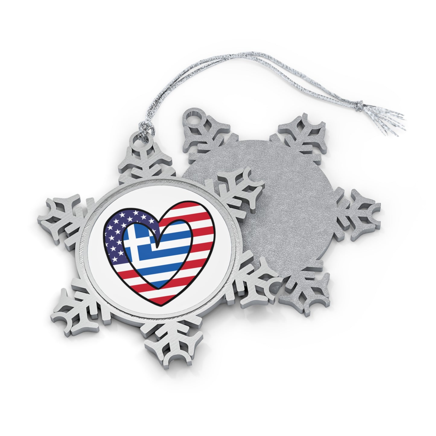 Greek American Heart Valentines Day Gift Half Greece USA Flag Pewter Snowflake Ornament