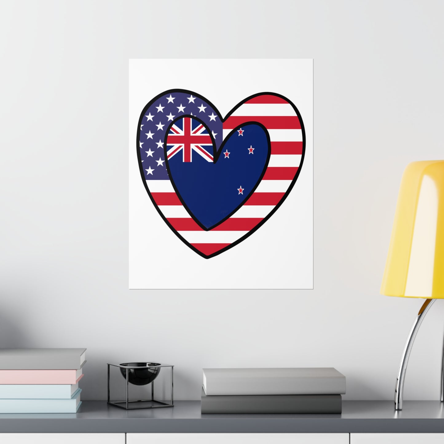 Kiwi American Heart Valentines Day Gift Half New Zealand USA Flag Premium Matte Poster