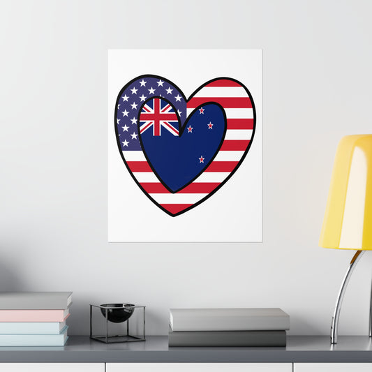 Kiwi American Heart Valentines Day Gift Half New Zealand USA Flag Premium Matte Poster