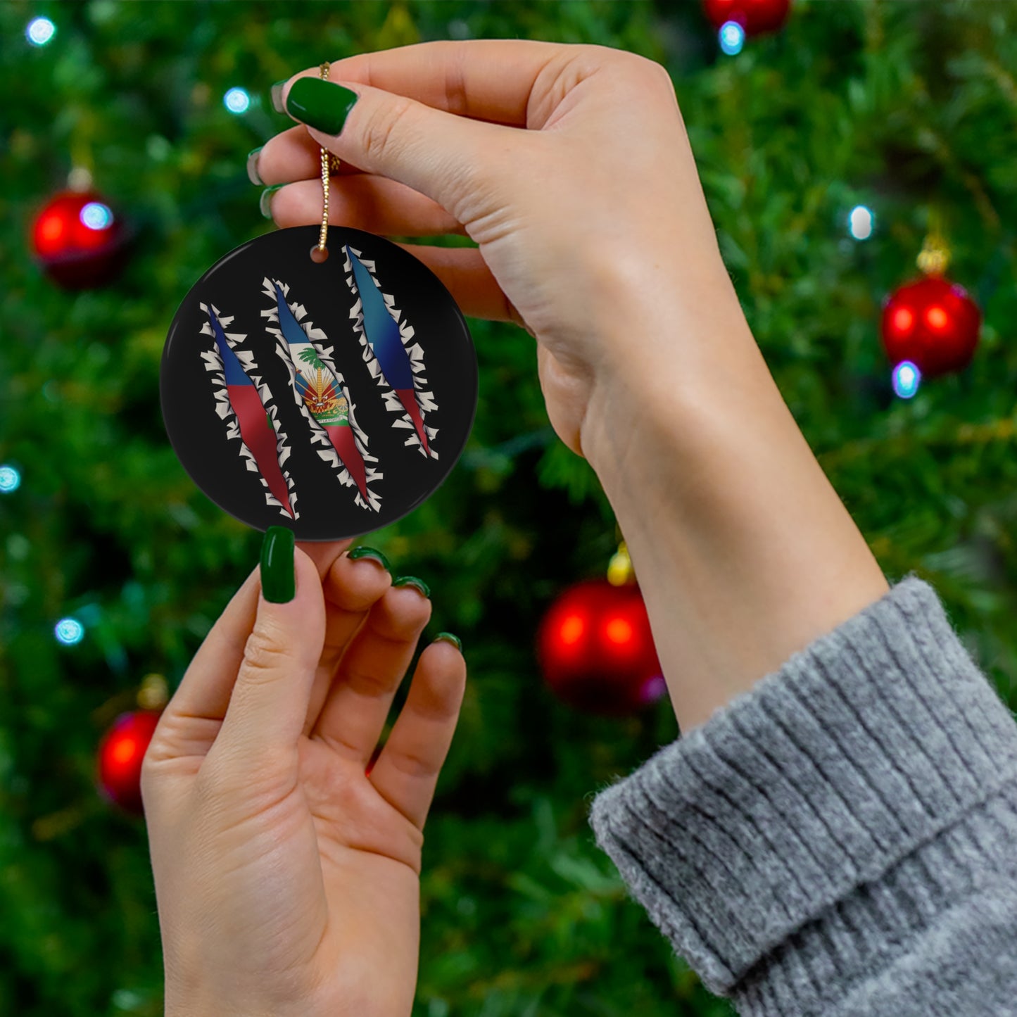 Haitian Flag Slash | Haiti Underneathe Ceramic Ornament | Christmas Tree Ornaments