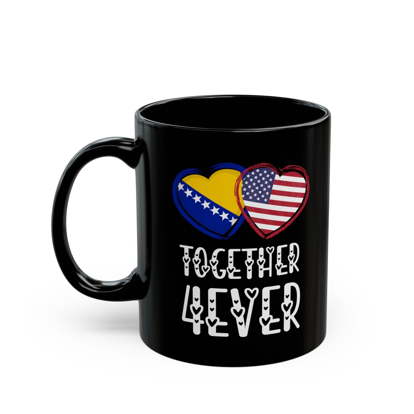 Bosnia American Valentines Gift Flag Heart Herzegovina USA Together 4ever Black Mug (11oz, 15oz)