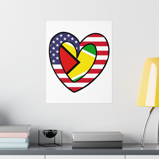 Guyanese American Heart Valentines Day Gift Half Guyana USA Flag Premium Matte Poster