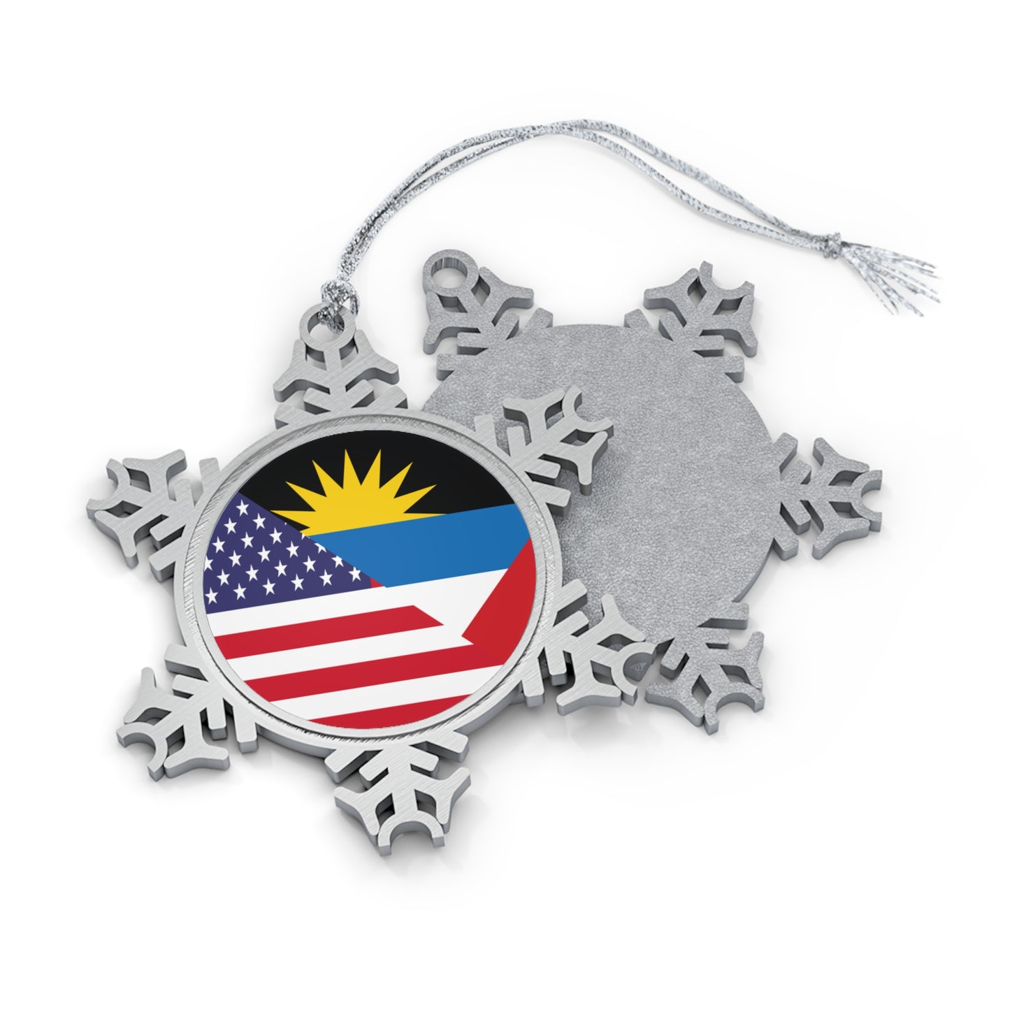 Antigua and Barbuda American Flag Antiguan USA Pewter Snowflake Ornament