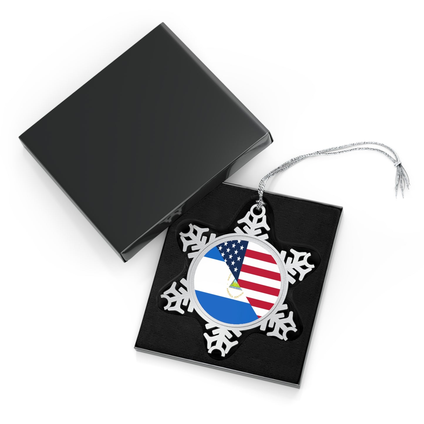 Nicaraguan American Flag Half Nicaragua USA Pewter Snowflake Ornament