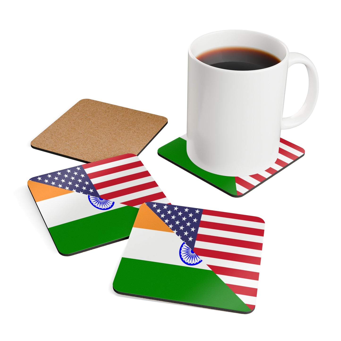 Indian American Flag India USA Corkwood Coaster Set