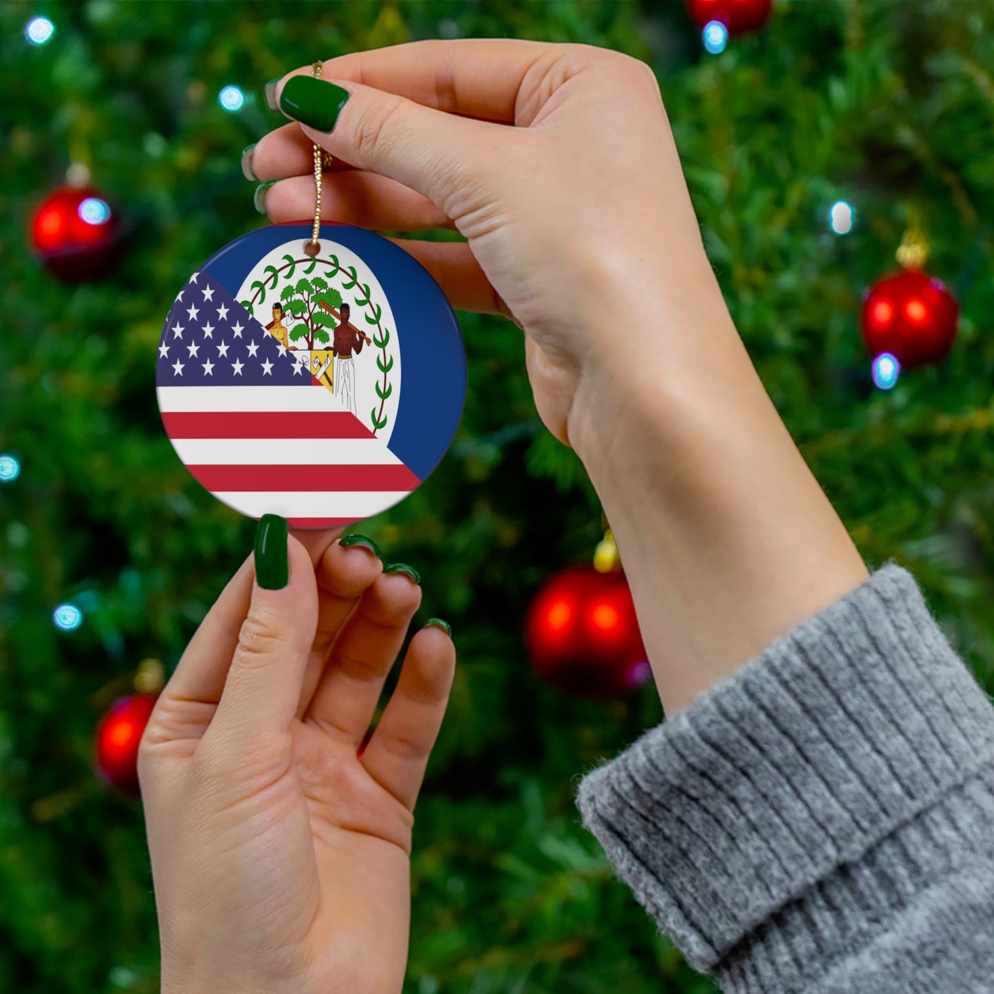 Belize American Flag Half Belizean USA Ceramic Ornament | Christmas Tree Ornaments