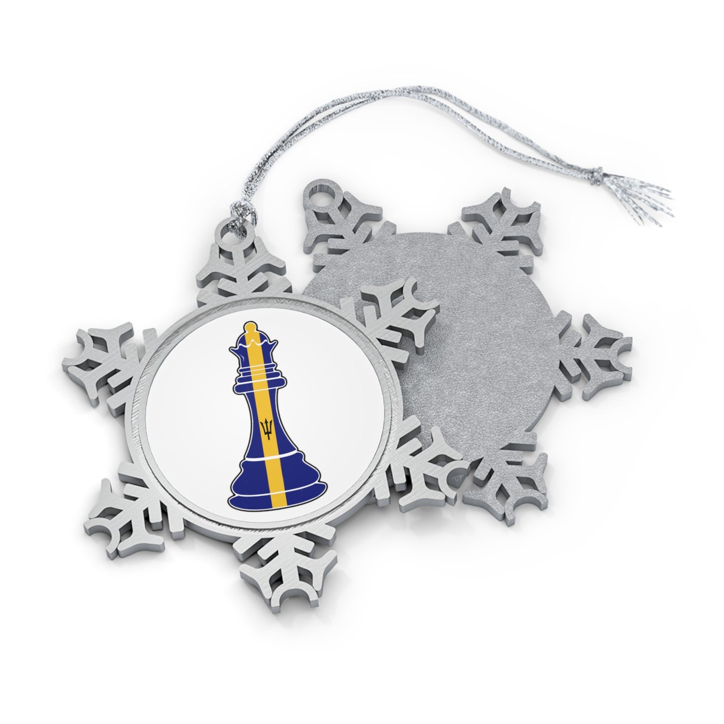 Bajan Queen Flag Chess Piece Barbados Pewter Snowflake Ornament