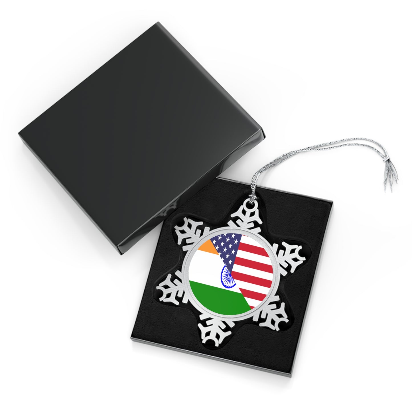 Indian American Flag Half India USA Pewter Snowflake Ornament