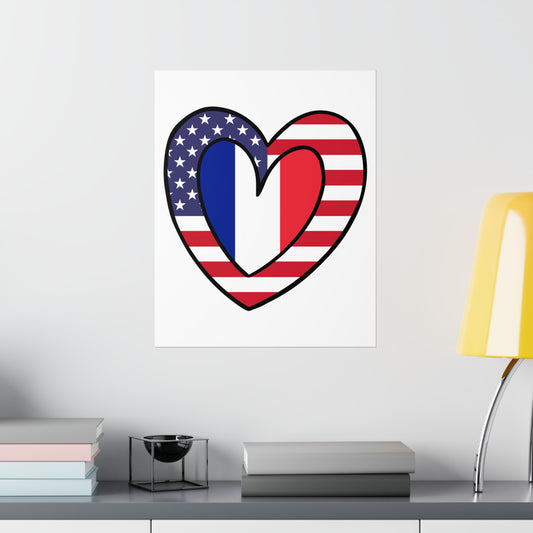 French American Heart Valentines Day Gift Half France USA Flag Premium Matte Poster