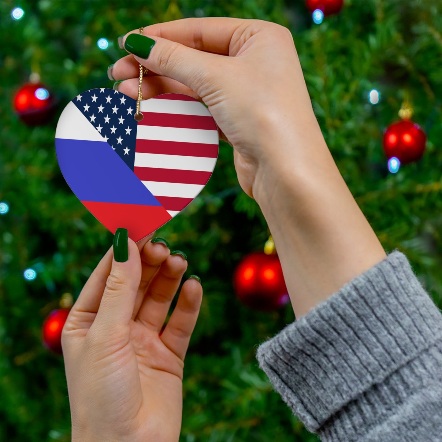 Russian American Flag Half Russia USA Ceramic Ornament | Christmas Tree Ornaments