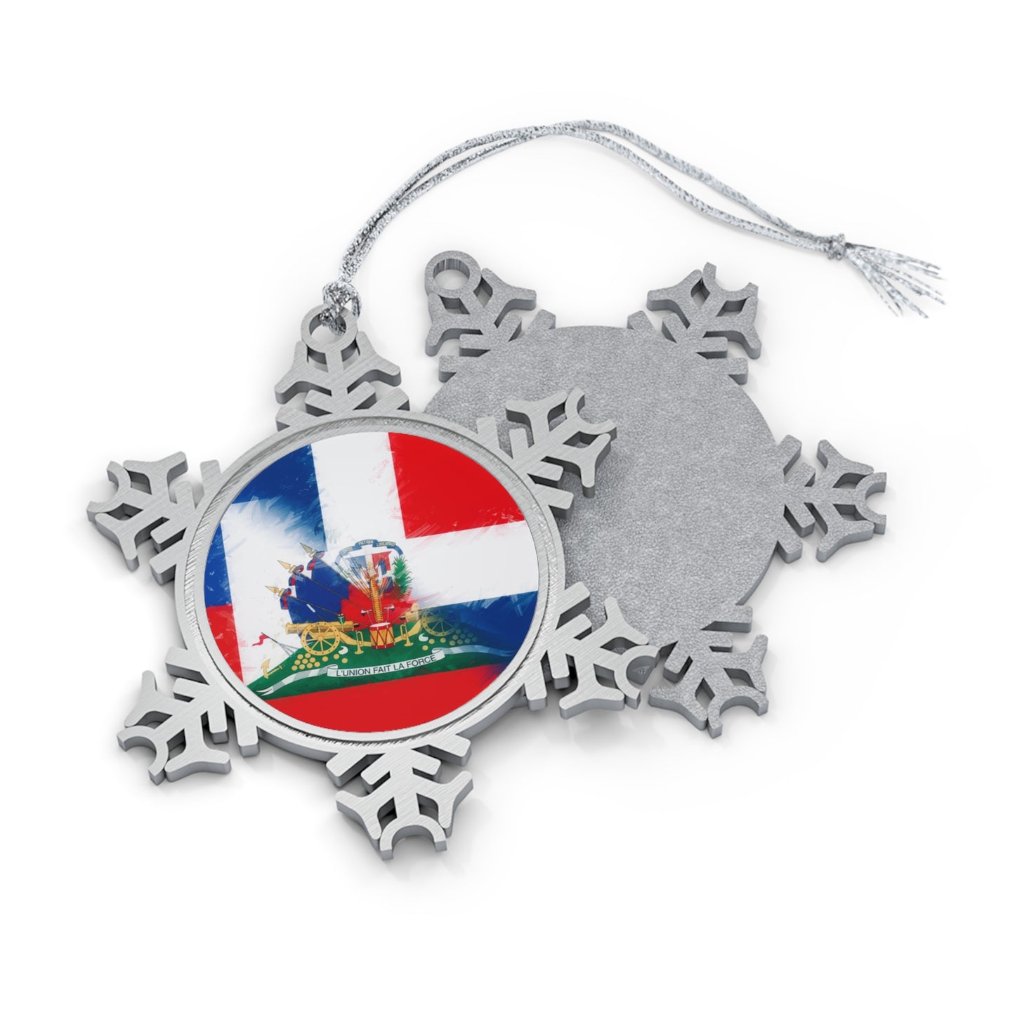 Haiti Dominican Republic Flag | Hispaniola DR Half Haitian Dominican Flag Pewter Snowflake Ornament