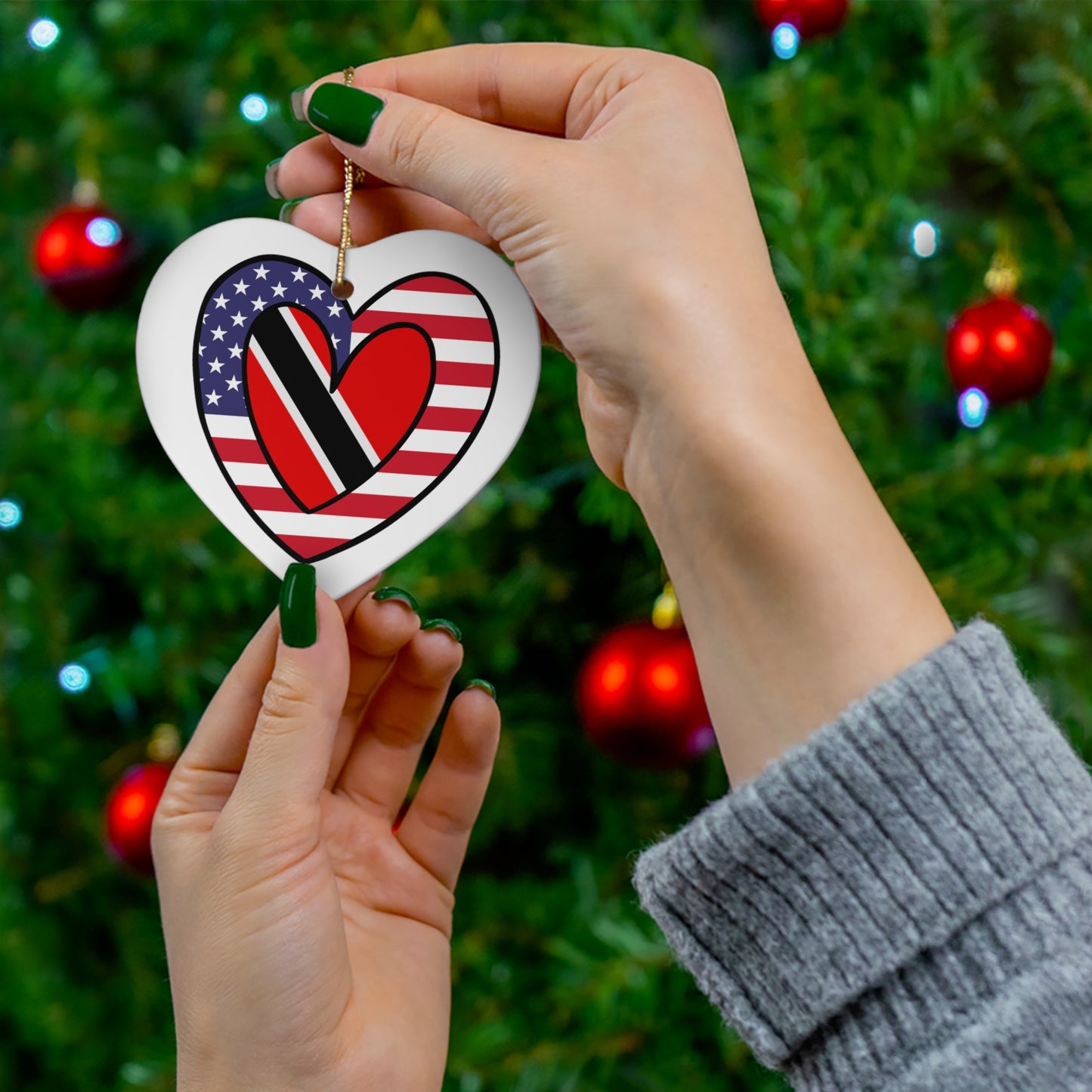 Trinidad Tobago American Heart Valentines Day Gift Half Trini USA Flag Ceramic Ornament | Christmas Tree Ornaments