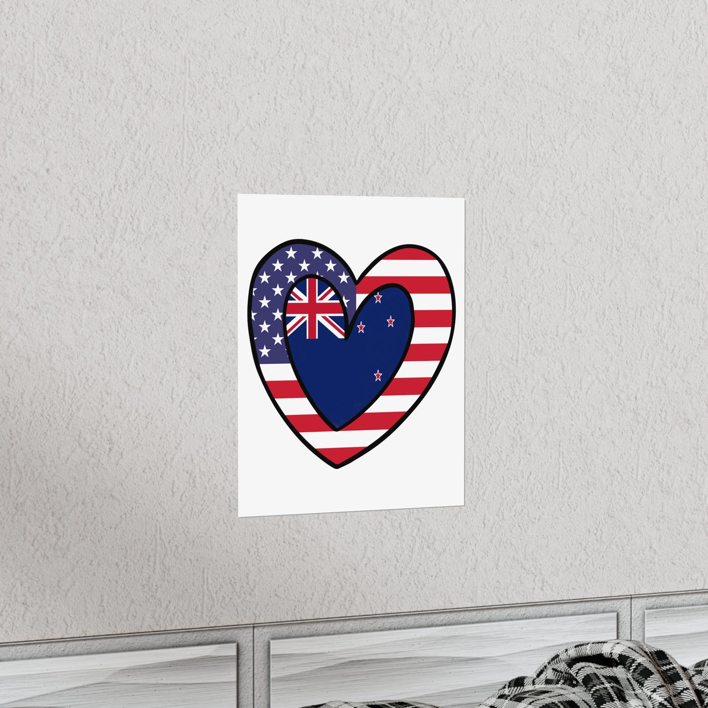 Kiwi American Heart Valentines Day Gift Half New Zealand USA Flag Premium Matte Poster