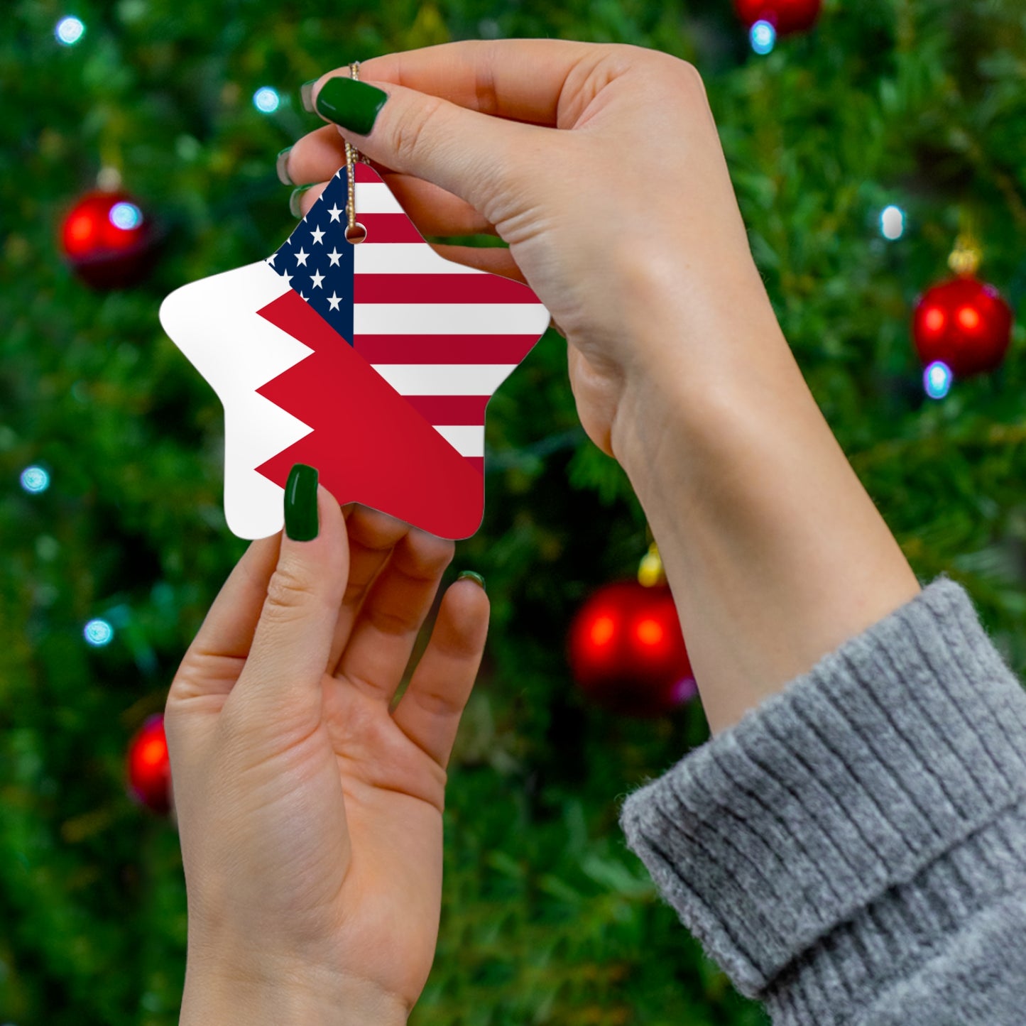 Bahrain American Flag Half Bahraini USA Ceramic Ornament | Christmas Tree Ornaments