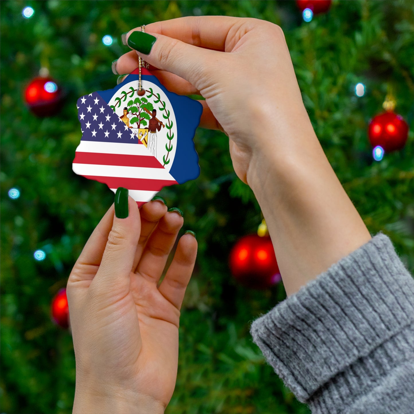 Belize American Flag Half Belizean USA Ceramic Ornament | Christmas Tree Ornaments