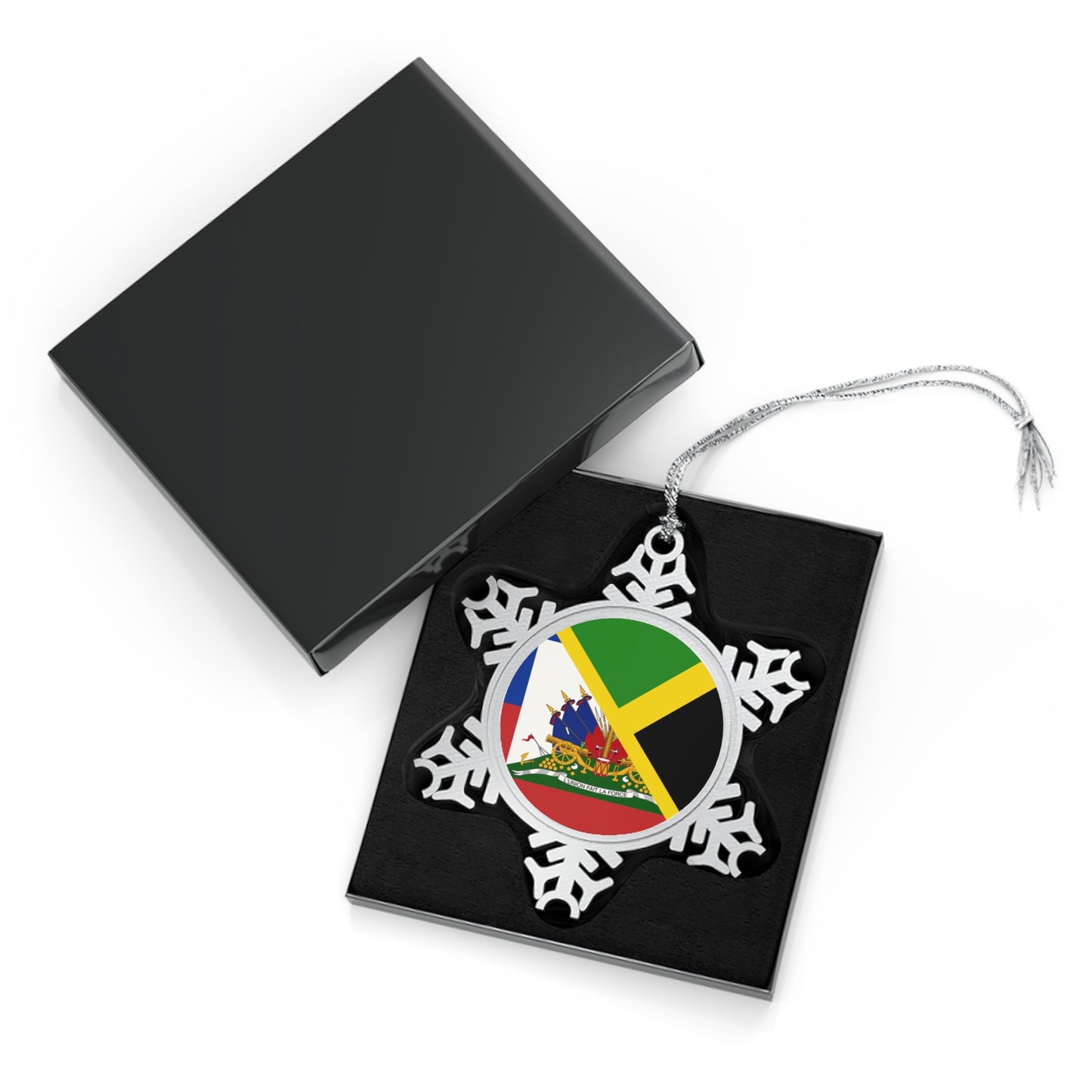 Haitian Jamaican Flag | Half Jamaica Haiti Pewter Snowflake Ornament